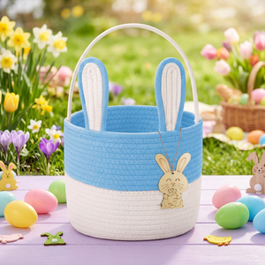 Cesta de Pascua para Niños con Etiqueta de Nombre, Cesta de Pascua Gris para Niños, Cesta de Conejito de Pascua, Cesta de Regalo de Pascua de Cuerda de Algodón Tejida - Product Image 4