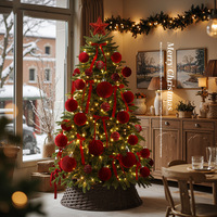 Sapin de Noël en PE pré-éclairé avec boule floquée rouge et nœud - Décoration de Noël de qualité supérieure, pleine et volumineuse, pour la maison, le bureau, les fêtes