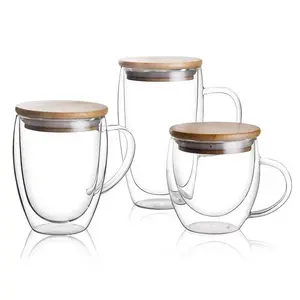 Customized 150ml 250ml 350ml 450ml High Borosilicate Clear Double Walled Glass Coffee Cup Mugs with Bamboo Lid Tazas De Cafe