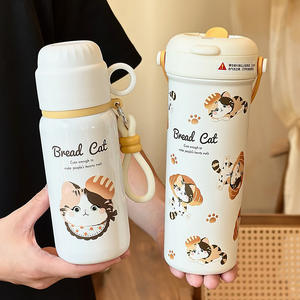 Bread Cat Insulated Round <b>Water</b> <b>Bottle</b> 316 Stainless Steel <b>with</b> Handle and <b>Straw</b> for Students Coffee Lovers & Back to School - Product Image 2