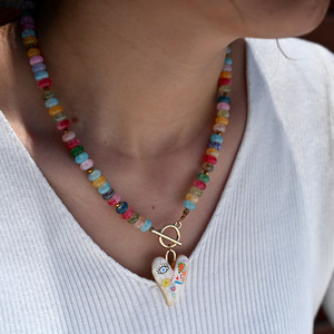 <span class=keywords><strong>Collier</strong></span> pendentif cœur peint en cristal de verre coloré avec breloque de dessin animé pour femme, idéal pour l'été - Product Image 1