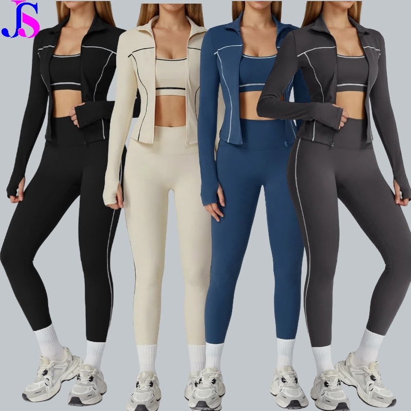 3PCS Contrast Color Sports Set Quick-Drying Gym Set Yoga Suit Running Sport Bra Long-sleeved Jacket Stretch Leggings Yoga Set