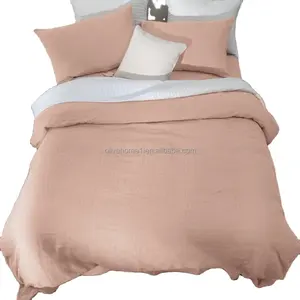 Bare Pink Linen Feel Textured Organic Natural 100% Washed Cotton Duvet Cover 3 Pcs Bedding Set with Zipper Closure Corner Ties