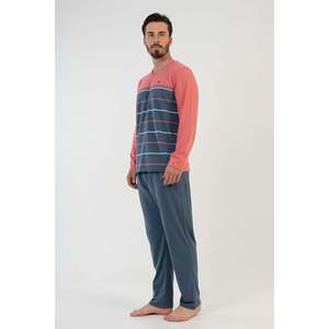 <b>Men's</b> Coral <b>Pajama</b> <b>Set</b> 100% Cotton Knitted Long Sleeve Sleepwear Plus Size - Product Image 3