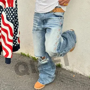 Özel streetwear pantalones de hombre artı boyutu homme erkekler kot pantolon alevlendi rhinestone rip baggy kot