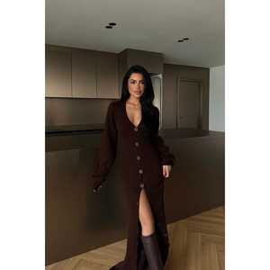 Robe élégante en crochet Ophelie, couleur café foncé, taille empire, longueur genou, volants, taille unique XL, pour soirées en club, occasions formelles - Product Image 2