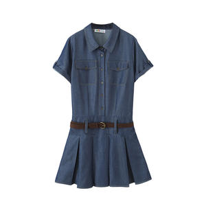 Robe chemise plissée en jean Runqi bleu foncé avec ceinture, grande taille, décontractée, pour femme, couleur unie, pour le quotidien - Product Image 1