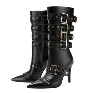 Large Size 46 Belt Metal Buckles Women <b>Knee</b> <b>High</b> Boots <b>High</b> Slim Heeled Long Booties Sexy Punk Styles Stiletto Dress Shoes - Product Image 1