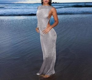Nouvelles Robes d'été pour femmes en gros, <span class=keywords><strong>Robe</strong></span> longue métallisée fendue, ajustée, sexy, dos nu, découpes latérales, en maille scintillante, de luxe, pour soirées et resorts - Product Image 2