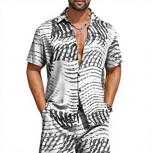 Chemise à manches courtes pour hommes, blanche et noire, à rayures abstraites, motif zèbre, à revers, boutonnée, avec short assorti, ensemble 2 pièces, tenue décontractée - Product Image 1