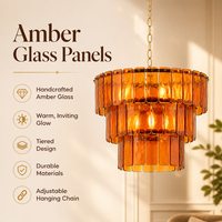 JYLIGHTING Lustre élégant à trois niveaux en verre ambré texturé, finition martelée, chaîne dorée, lumière chaude, luminaire suspendu pour salle à manger