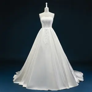 Flower Tulle Wedding Dress Floor Length Wedding Dresses In Boho Strapless Lace Satin Civil Wedding Dresses Rl029