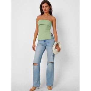 Women's Off Shoulder Tube <b>Top</b> Regular Fit Knitted Ruched Design Tank <b>Tops</b> - Product Image 3
