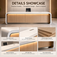Bureau d'accueil moderne et luxueux avec LED incurvées, en bois blanc minimaliste, pour entreprise ou hôtel