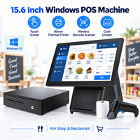 Terminal de point de vente Windows 15,6 pouces avec écran tactile, imprimante thermique 80 mm, lecteur de codes-barres sans fil et tiroir-caisse pour magasins et restaurants