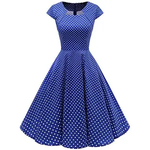 MANNI Women's Vintage dresses retro 1950s 60s Blue Polka Dot A Line Pleated Midi Modest Dresses