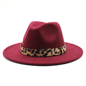 Chapeaux Fedora <span class=keywords><strong>bordeaux</strong></span> unisexe en gros femmes plat large bord 100% Fedora laine feutre chapeau hommes vert Fedora chapeau avec ruban léopard - Product Image 4