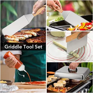 Accessoires de barbecue en acier inoxydable à prix de gros avec poignée en bois, ensemble d'outils de barbecue multifonction Teppanyaki et couvercle de cuisson - Product Image 5