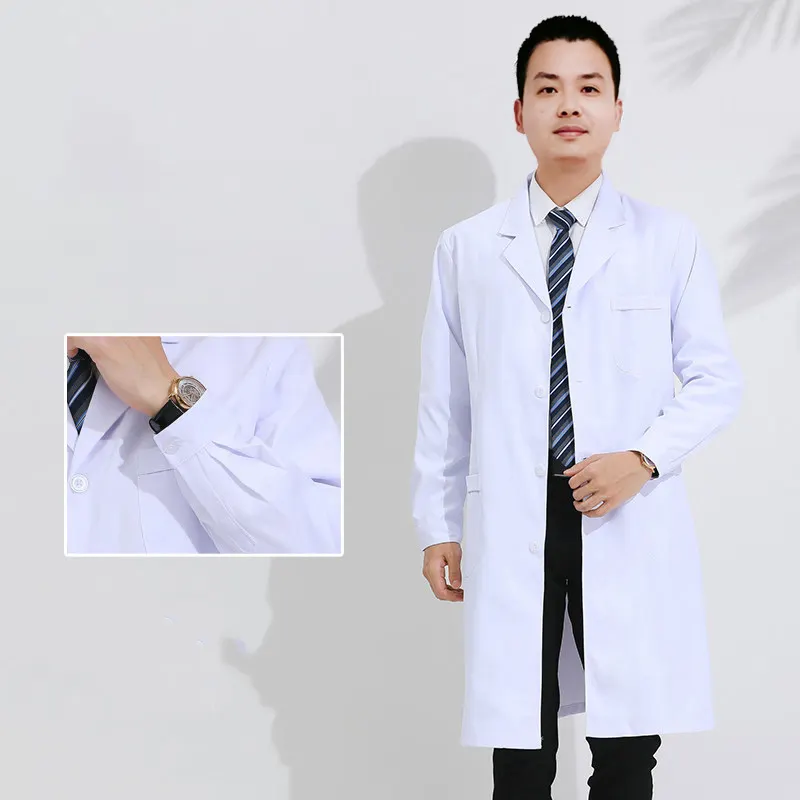 เสื้อโค้ทสำหรับห้องแล็บเสื้อโค้ทผ้าฝ้ายโพลีเอสเตอร์สำหรับแพทย์และพยาบาลชุดเครื่องแบบทำงานสีขาว
