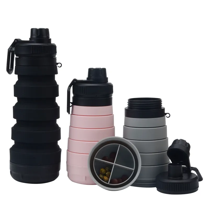 Food Grade BPA Free Retractable Portable Storage Pill Foldable Water Bottle Collapsible Silicone Water Bottle