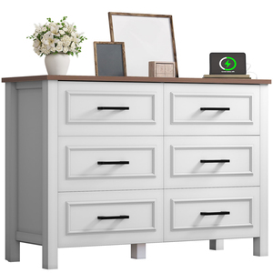 New Modern <b>6</b>-<b>Drawer</b> Dresser with Built-in Power Outlet, Wood TV Stand <b>6</b> Large <b>Drawers</b> and Bar Handles - Product Image 1