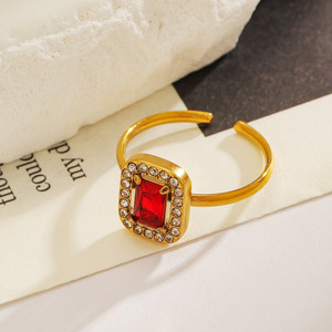 <b>Open</b> <b>Ring</b> Gold Plated Square Red Zircon Pave Setting Geometric Shape Women's Party Jewelry - Product Image 3