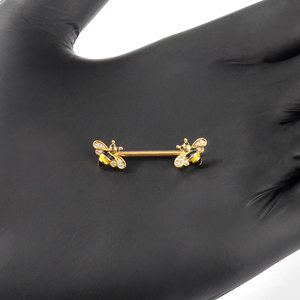 Anneaux de langue de mamelon en acier inoxydable Bee Barbell Yellow Nipple Piercing Jewelry Body Retainer 14G - Product Image 2