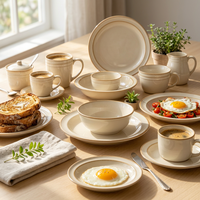 Service de table en céramique beige crème vintage EKA, résistant aux rayures, écologique, assiettes, bols, plateaux et ustensiles de service rustiques