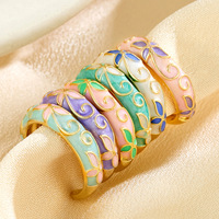 Bagues ouvertes ajustables en or plaqué vintage chic, design floral en émail cloisonné chinois pour femmes