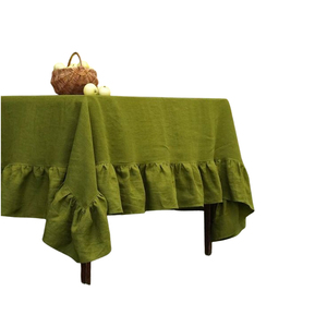 Mantel redondo hecho a mano de lujo de lino a rayas blancas con volantes, decoración de mesa de cocina ecológica minimalista moderna - Product Image 3