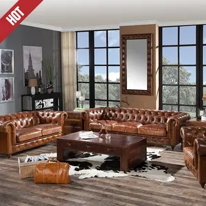 Luxury Vintage Style Genuine Leather Chesterfield Sofa sets Base for Tufted Leather Chesterfield Sofa divan sofa