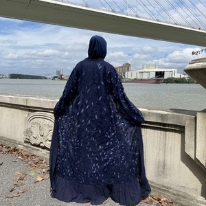 1711# Modest Navy Open Abaya With <b>Sequins</b> Long Sleeve Chiffon Cardigan Islamic Muslim Abayas for Women - Product Image 3