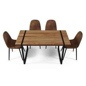 Table à manger moderne de 59 pouces en MDF, bois naturel, base rectangulaire en métal noir, chaise en daim, modèle en bois médiéval, 4 pièces, restaurants - Product Image 1