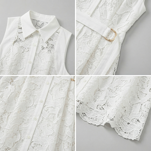 SHENGFU Design Originale Abito <span class=keywords><strong>Camicia</strong></span> in Pizzo Bianco per Donne, Elegante <span class=keywords><strong>Vestito</strong></span> Midi <span class=keywords><strong>Senza</strong></span> <span class=keywords><strong>Maniche</strong></span> con Motivi Floreali Traforati, Abito di Lusso per Feste - Product Image 3