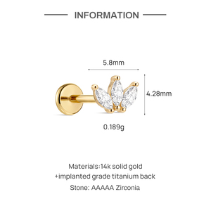 Piercing Labret de Titanio G23 con Zirconia y Oro Sólido de 14K, Diseño Minimalista de Triple Marquise en Forma de Abanico, Parte Trasera Plana y Rosca Interna para Cartílago - Product Image 3