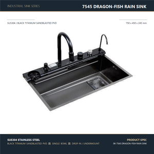Évier de cuisine Workstation 750x450mm en acier inoxydable 304 noir canon de fusil PVD, avec robinet de pluie réglable et DeckControl - Product Image 3