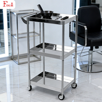 Chariot de coiffure à 3 niveaux en argent en gros, en acier inoxydable, pour le rangement des outils de salon, plateau roulant pour salon de beauté