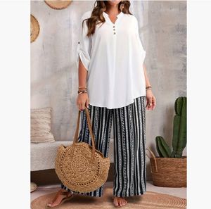 <span class=keywords><strong>Ensemble</strong></span> deux pièces pour femmes de <span class=keywords><strong>grande</strong></span> <span class=keywords><strong>taille</strong></span> de style européen et américain, comprenant un haut à col en V et un pantalon imprimé - Product Image 3