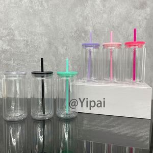 12Oz Colorful Double Wall Pre Drilled Snow Globe Acrylic Can <b>Cups</b> With <b>Plastic</b> Lids and Straws - Product Image 1