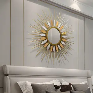 Modern Antique Gold Sunburst Metal Wall Decor Mirror For Living Room