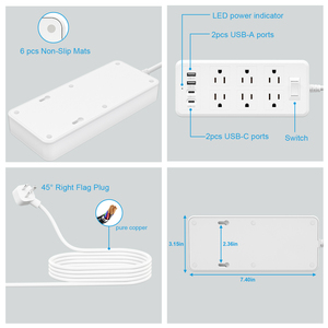 Regleta de Enchufes con Certificación de Seguridad, 6 Tomas de Corriente, Clasificación IP20, Cable de 3 Metros, Puertos USB, 110V-240V, para Uso Doméstico y Comercial - Product Image 1