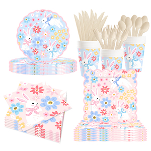 DAMAI Nouveau set d'assiettes en papier jetables à thème lapin, rose et bleu, avec nœud en dentelle ondulée, pour le festival de Pâques - Product Image 2