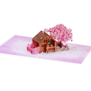 Tarjeta Pop-Up 3D de Papel Cortado con Láser con Diseño de Cabaña de Flores de Cerezo, Hecha a Mano, con Árbol de <span class=keywords><strong>Sakura</strong></span> y Color Rosa, Ecológica, para Bodas y Cumpleaños - Product Image 5