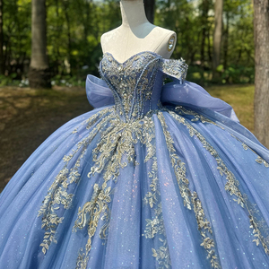 Robe de soirée longue moderne et élégante bleue, style robe de bal, en <span class=keywords><strong>dentelle</strong></span>, avec sequins et perles, pour Quinceañera, fabriquée aux États-Unis - Product Image 4