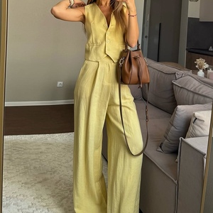 เสื้อกล้ามกางเกงเอวสูงขากว้างแฟชั่นชุด2ชิ้นลำลองของผู้หญิงเรียบง่าย - Product Image 2