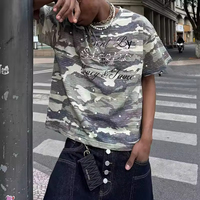 T-shirt camouflage vintage streetwear personnalisé pour homme, t-shirt camouflage épais, t-shirt perlé, fabricant