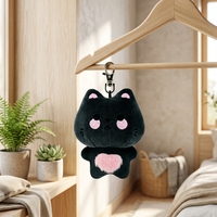 Porte-clés chat en peluche noir avec cœur rose brodé de 10 cm, super doux, mignon, dessin animé, pour sac, pendentif, décoration, cadeau