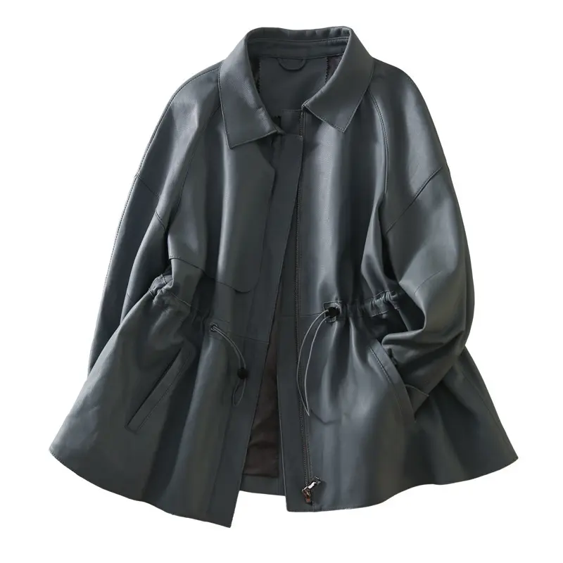 Senior grey leather coat women's spring 2022 new fashion in the long motorcycle jacket top