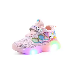Yeni tasarım LED ışık çocuk spor ayakkabı kız prenses örgü uçan aydınlık rahat ayakkabılar şık delikli Sneaker çocuklar sh