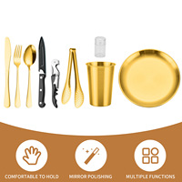 Ensemble de couverts portables en acier inoxydable avec couteau, fourchette, cuillère, tasse, plateau de barbecue et pinces pour le camping en plein air, les pique-niques et les voyages